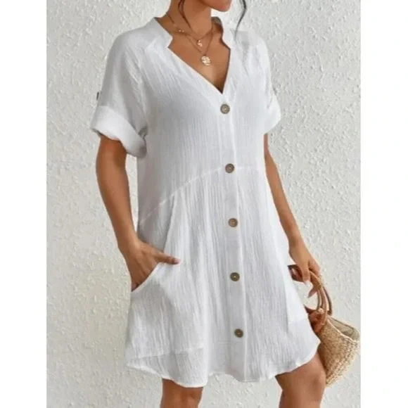 Women Button Down Tunic Dress V  Neck Swimsuit bikini Coverups - Picture 5 of 6